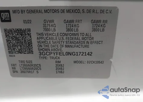 2022 Chevrolet Silverado 1500 Ltd 4Wd Short Bed Lt Trail Boss z USA, uszkodzony, nr VIN 3GCPYFEL0NG172142